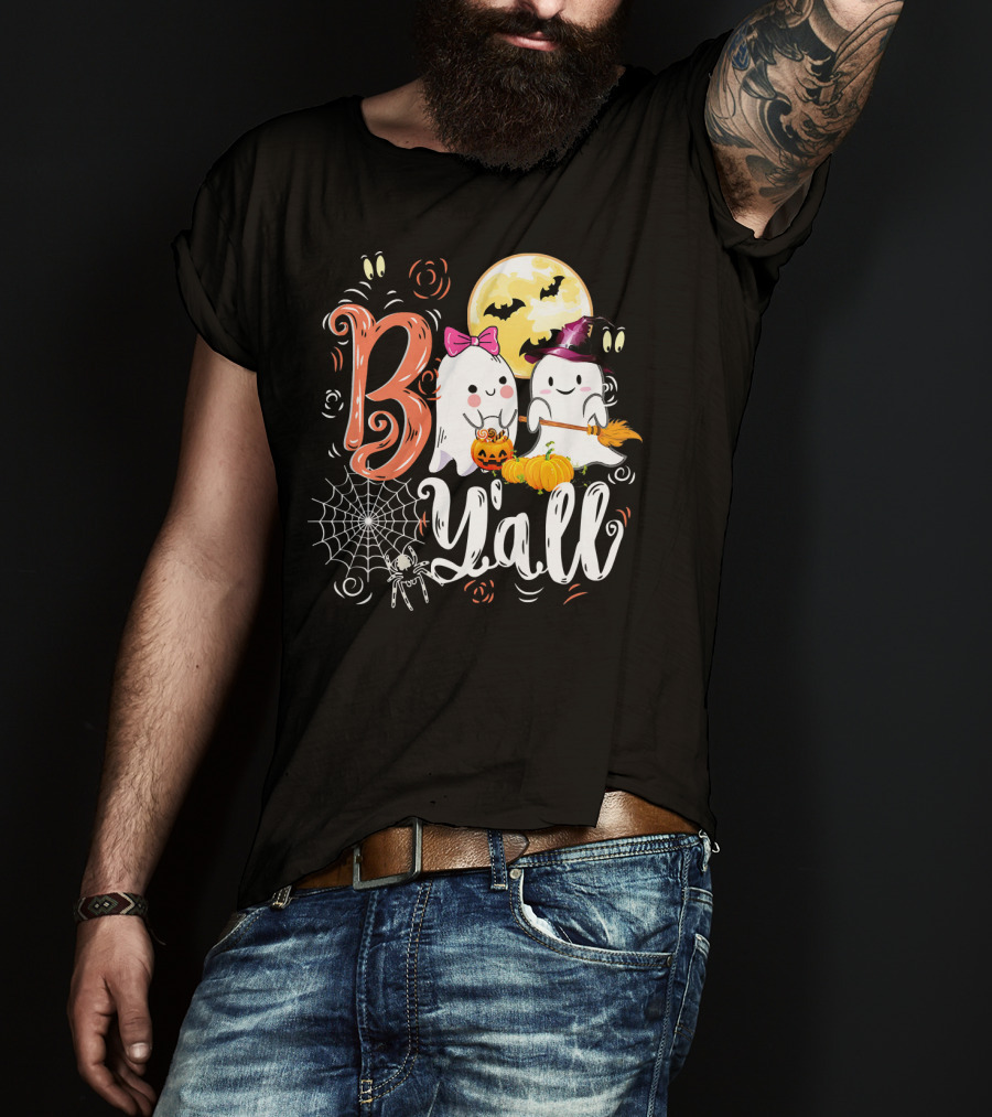 Boo Y’all Funny Ghosts With Pumpkin And Halloween Moon T-Shirt