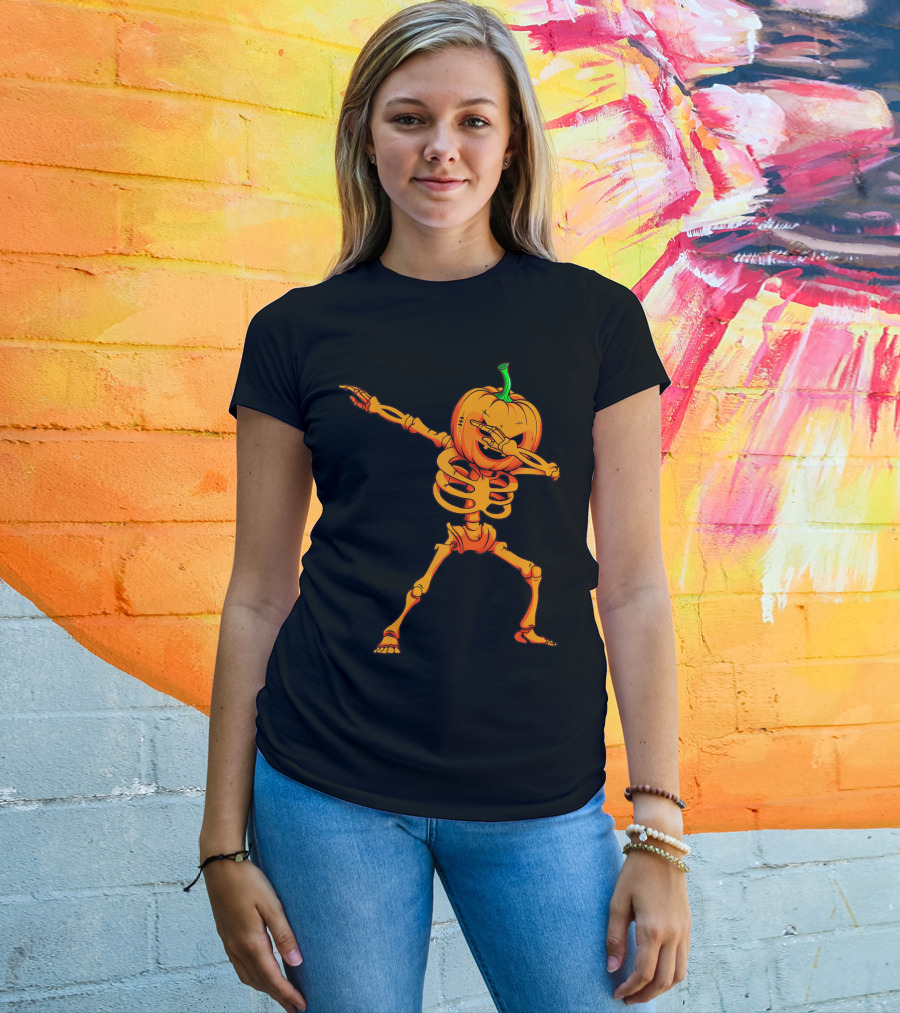 Dabbing Skeleton Pumpkin Halloween Dance T-Shirt