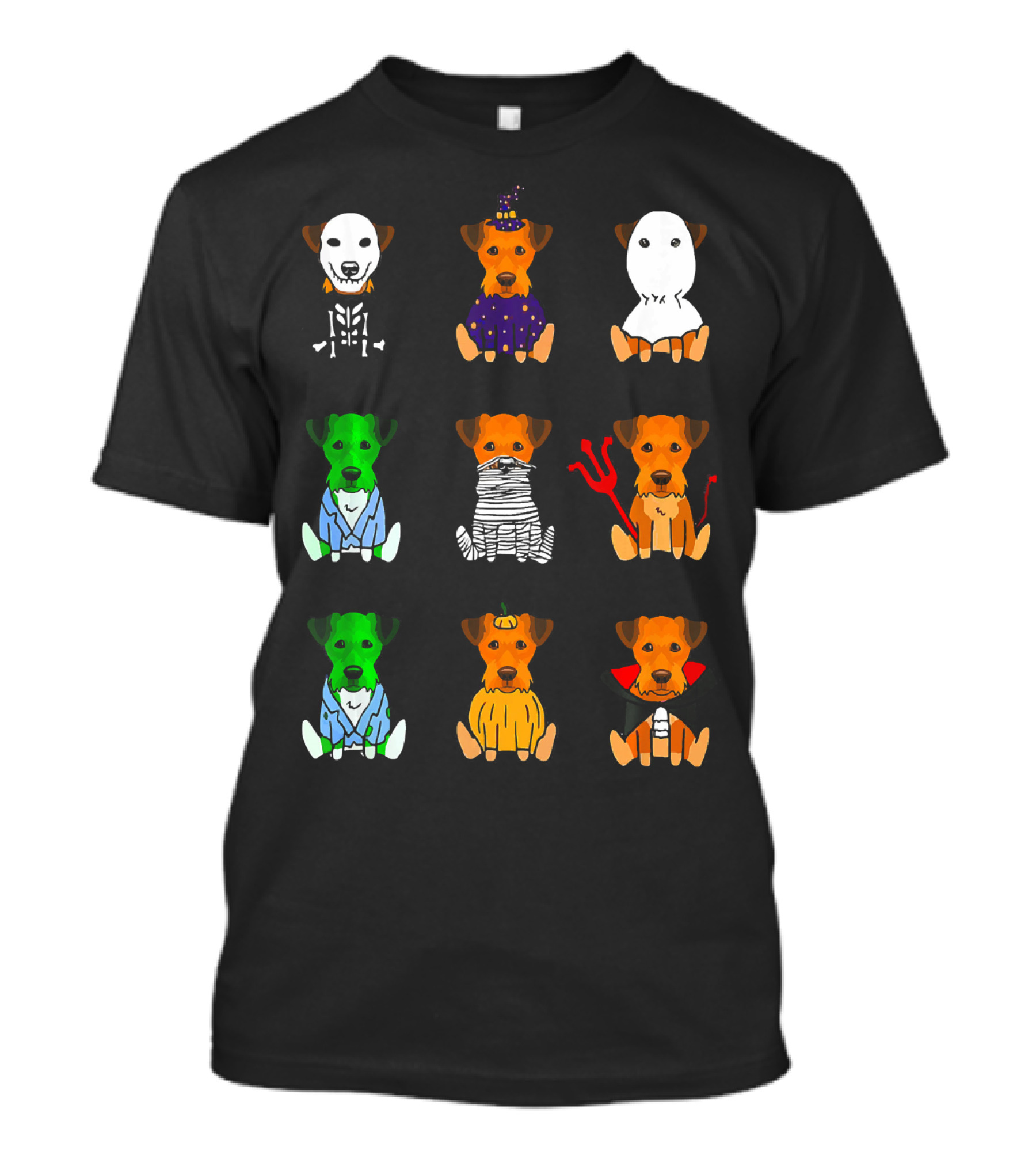Airedale Terrier Halloween Costumes Skeleton Witch Ghost Zombie Mummy Devil Pumpkin Dracula T-Shirt