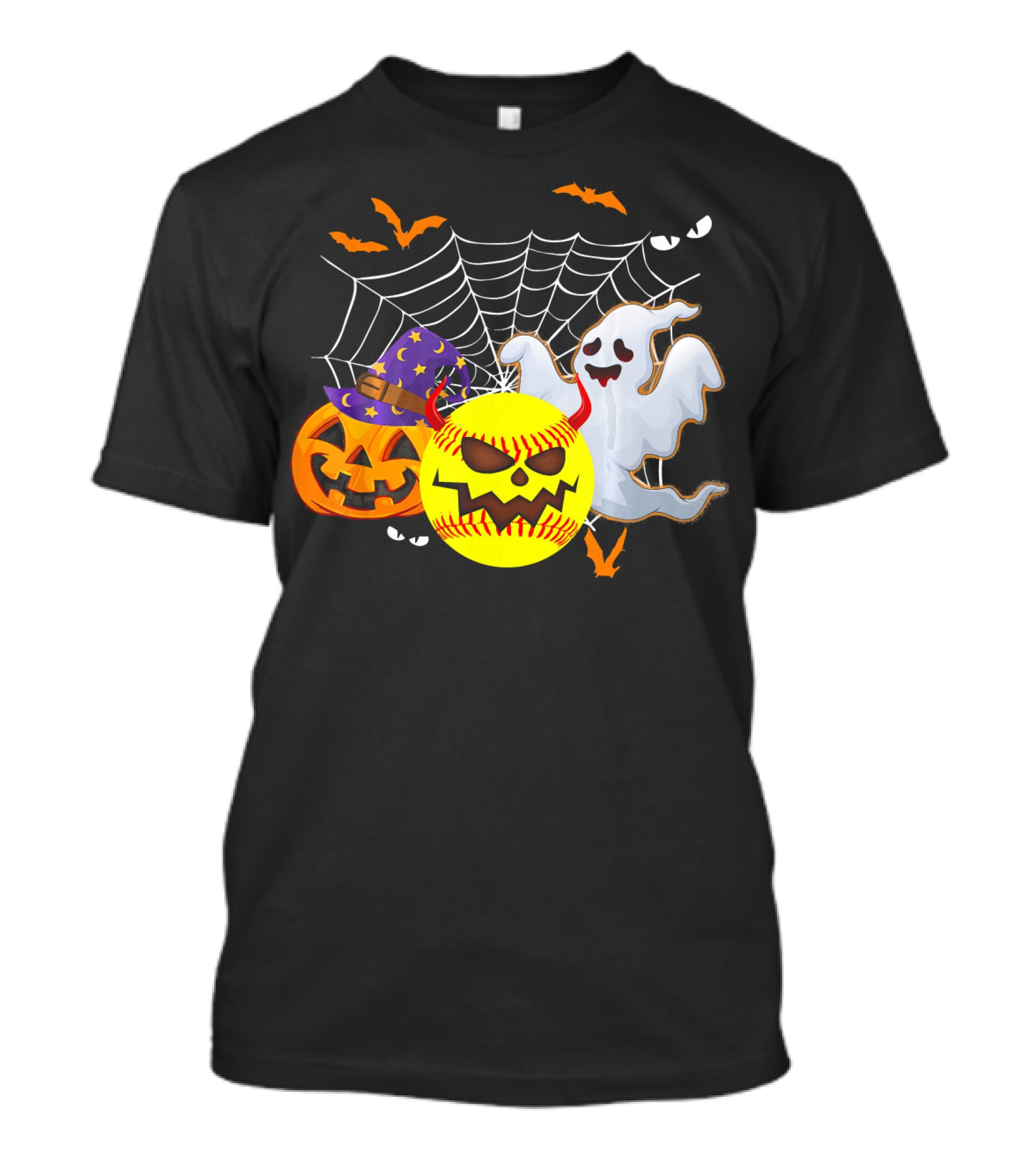 Halloween Softball Pumpkin Ghost Cobwebs And Bats Fun T-Shirt