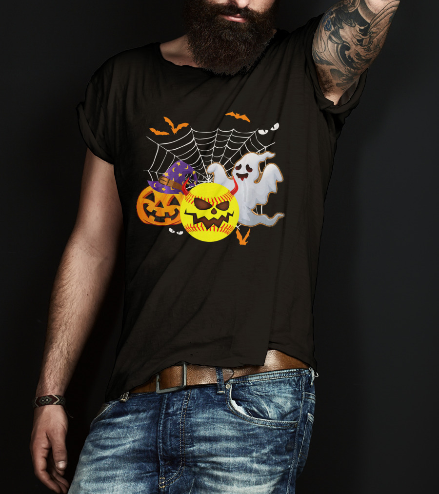 Halloween Softball Pumpkin Ghost Cobwebs And Bats Fun T-Shirt