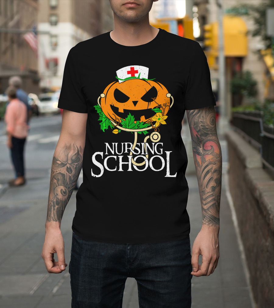 Nursing School Pumpkin With Stethoscope And Nurse Hat Jack-o'-Lantern T-Shirt