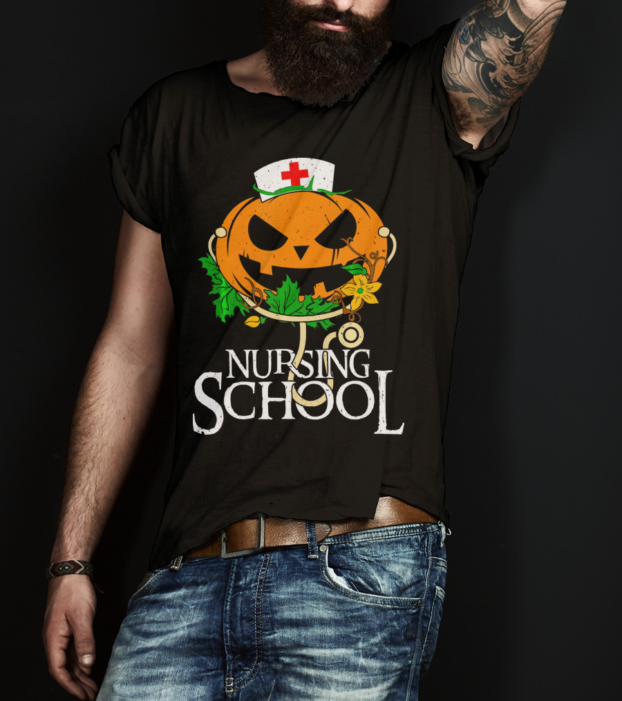 Nursing School Pumpkin With Stethoscope And Nurse Hat Jack-o'-Lantern T-Shirt