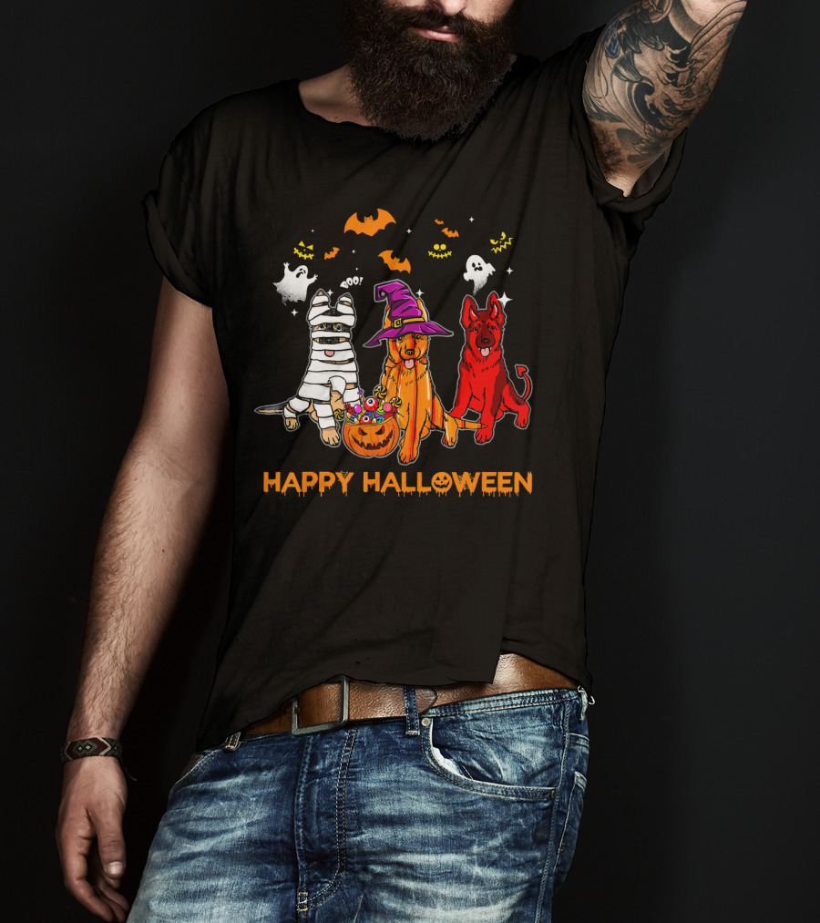 Happy Halloween Mummy Witch Devil Dogs With Ghosts And Bats T-Shirt