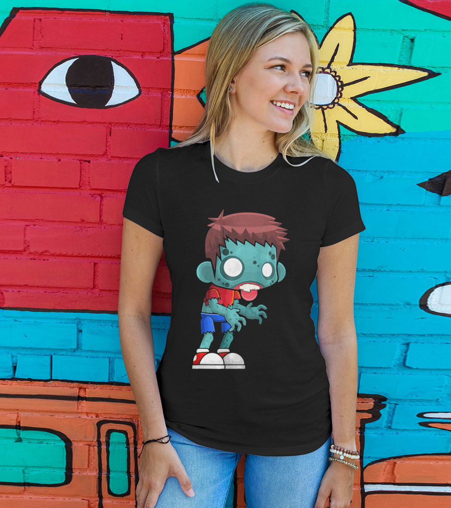 Zombie Boy Cartoon Character With Red Shirt And Blue Shorts T-Shirt