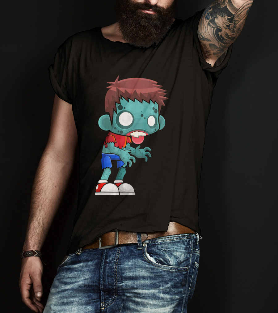 Zombie Boy Cartoon Character With Red Shirt And Blue Shorts T-Shirt