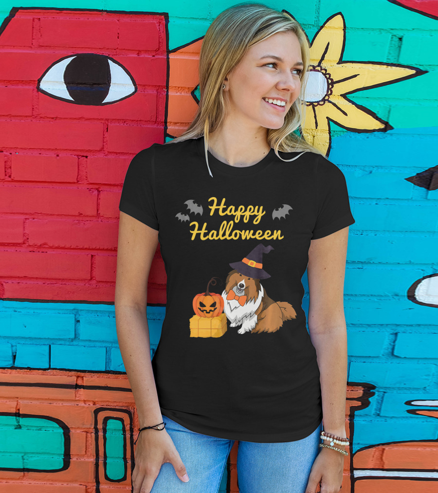 Happy Halloween Cute Sheltie With Witch Hat Pumpkins And Bats T-Shirt