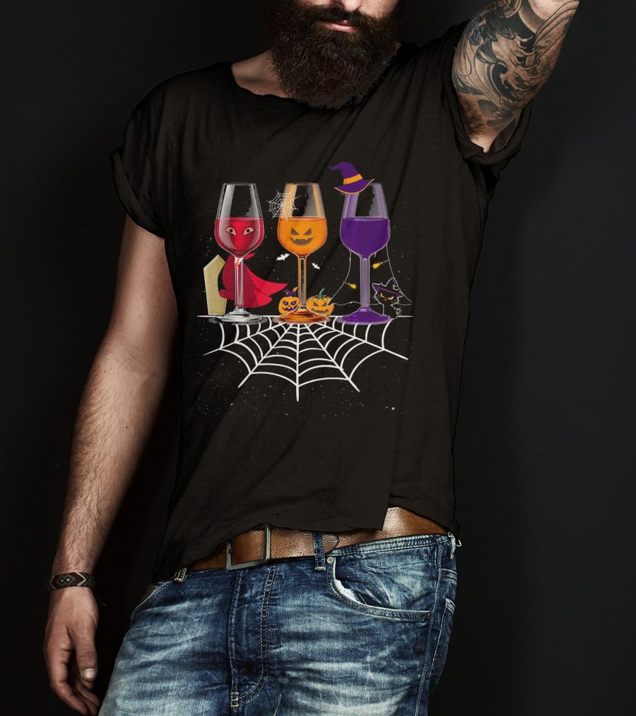 Halloween Wine Glasses Witch Vampire Pumpkin Cat Spiderweb T-Shirt