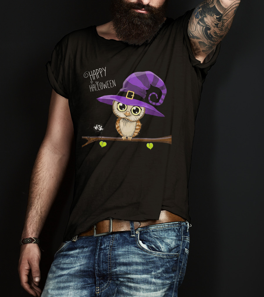 Happy Halloween Owl In Purple Witch Hat With Spider On Branch T-Shirt