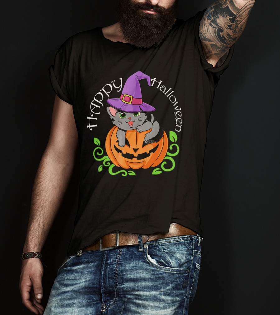 Happy Halloween Cat In Witch Hat On Pumpkin T-Shirt