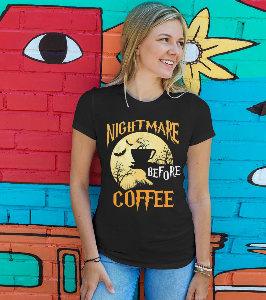 Nightmare Before Coffee Halloween Moon Bat And Tree T-Shirt