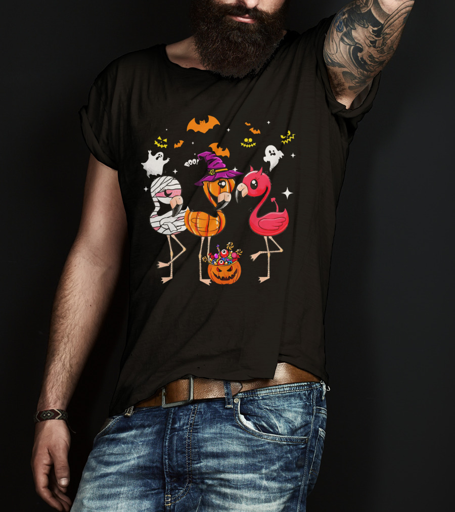 Funny Flamingo Halloween Costume Trio Mummy Witch Boo T-Shirt