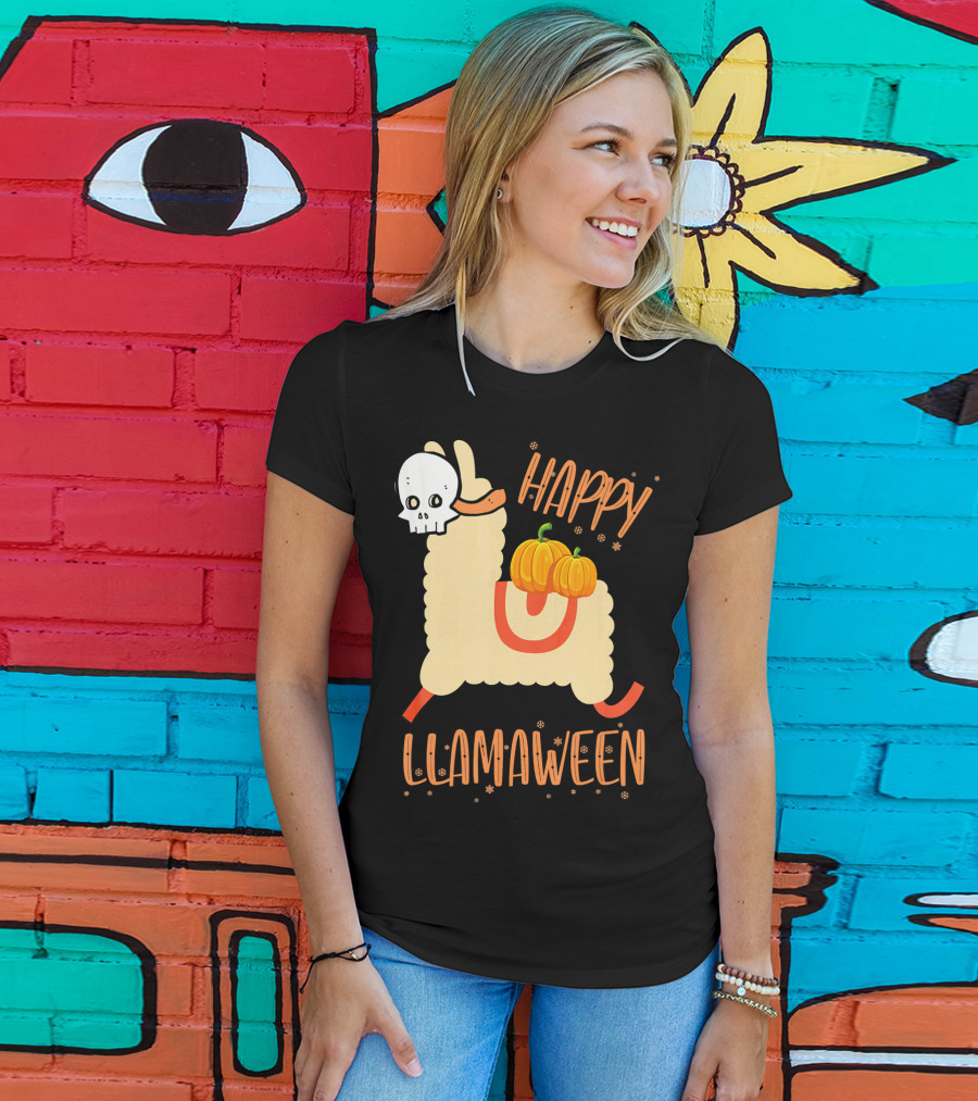 Happy Llamaween Funny Halloween Llama With Pumpkins T-Shirt