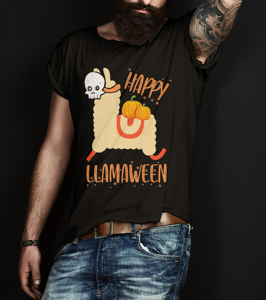Happy Llamaween Funny Halloween Llama With Pumpkins T-Shirt