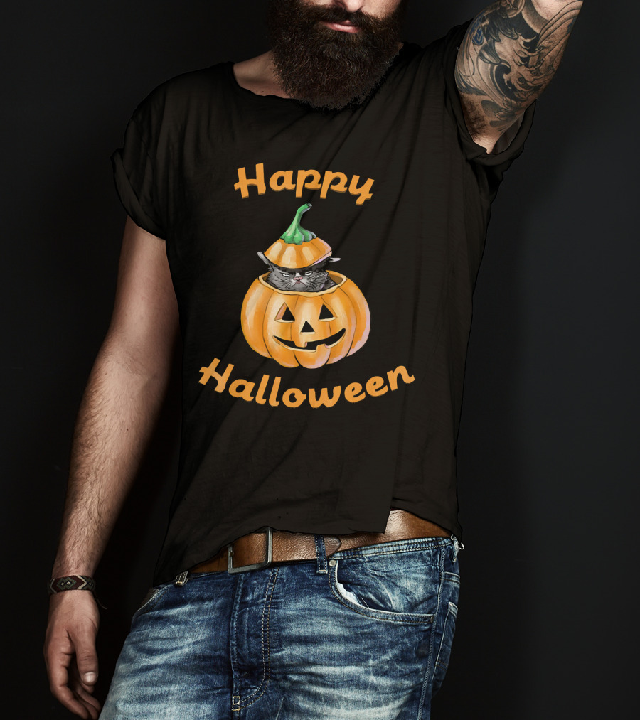 Happy Halloween Funny Cat In Pumpkin T-Shirt