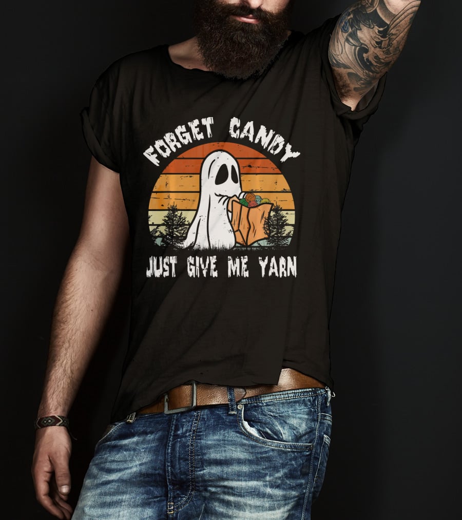 Forget Candy Just Give Me Yarn Ghost With Retro Sunset And Trees T-Shirt