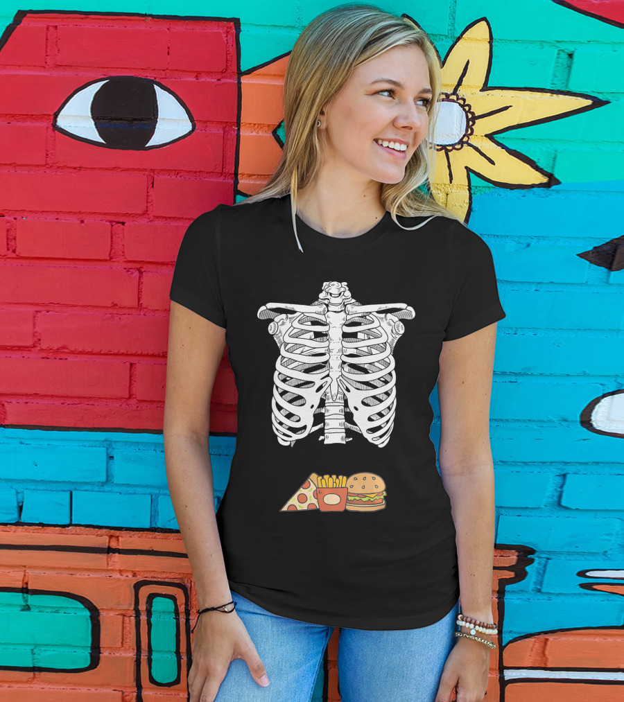 Skeleton Eating Pizza Fries And Burger T-Shirt