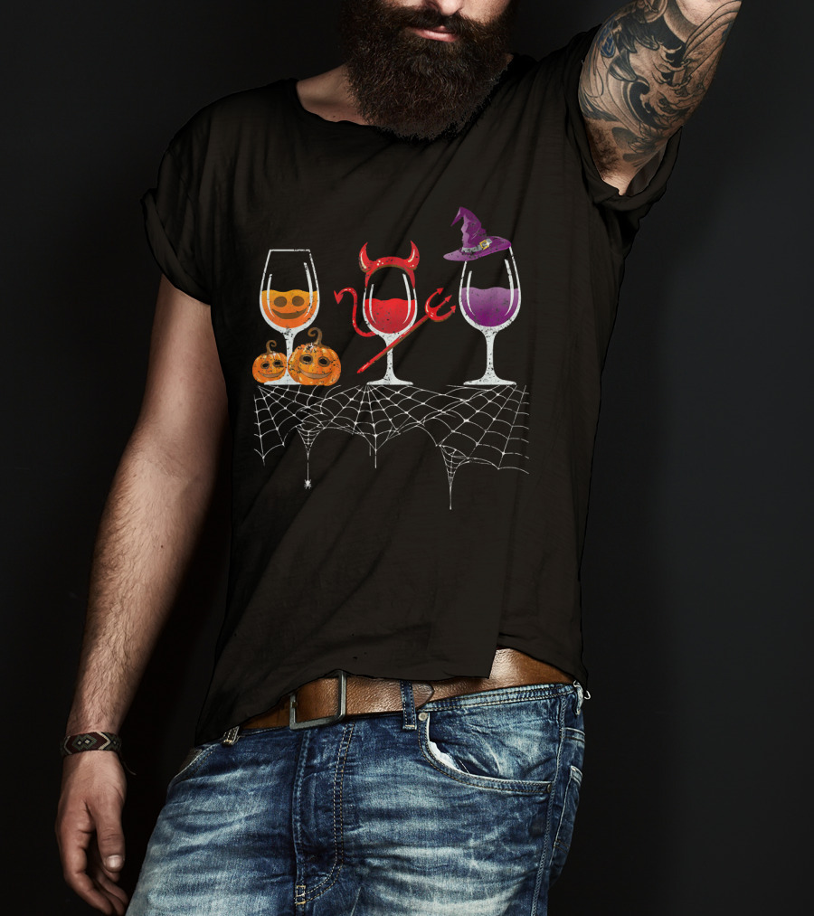 Vintage Halloween Red Devil Purple Witch Wine Glass Pumpkin Faces T-Shirt