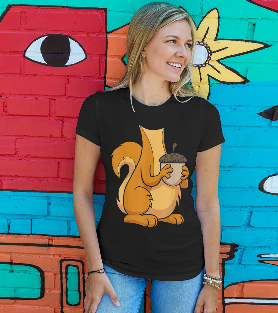 Squirrel Holding Acorn Cartoon T-Shirt