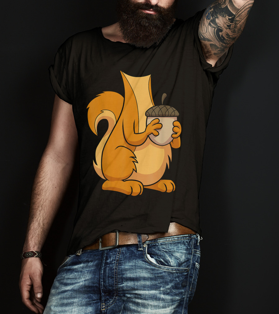 Squirrel Holding Acorn Cartoon T-Shirt
