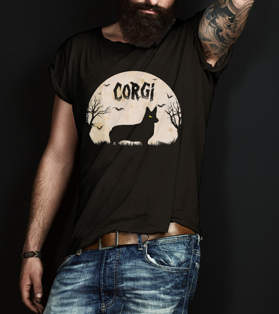 Corgi Halloween Horror Silhouette With Moon And Bats T-Shirt