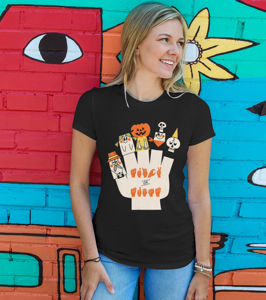 Trick Or Treat ASL Halloween Hand Signs With Pumpkin And Ghost Characters T-Shirt