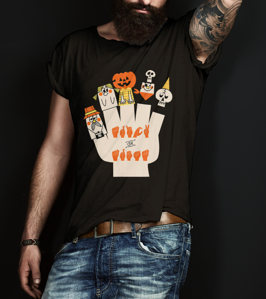Trick Or Treat ASL Halloween Hand Signs With Pumpkin And Ghost Characters T-Shirt