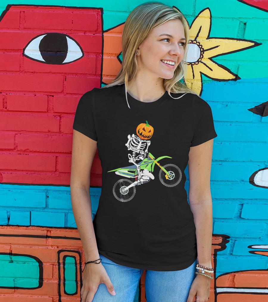Skeleton Dirt Bike Halloween Pumpkin Rider T-Shirt