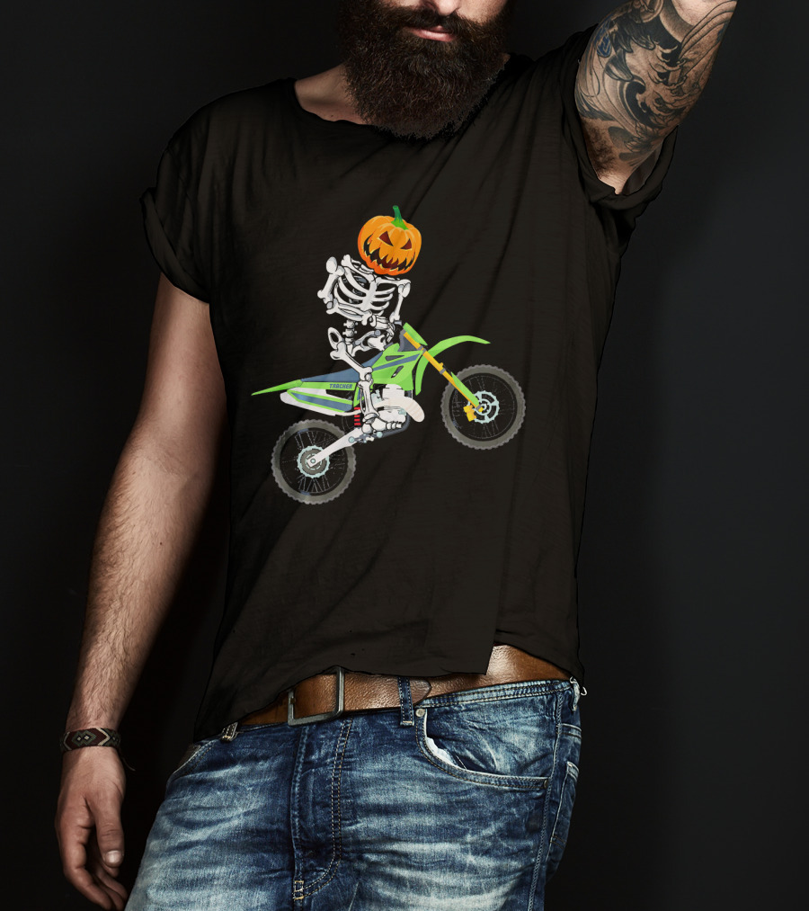 Skeleton Dirt Bike Halloween Pumpkin Rider T-Shirt