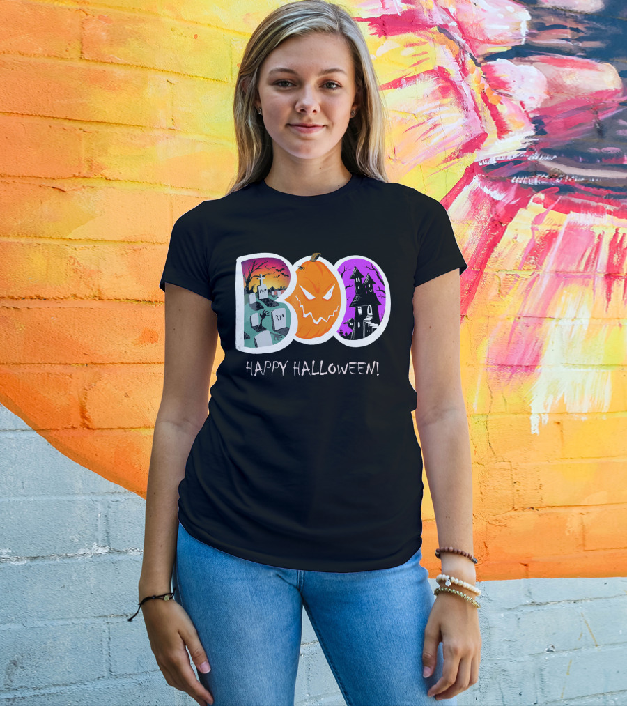 Happy Halloween Boo Trick Or Treat Pumpkin Graveyard Haunted House T-Shirt