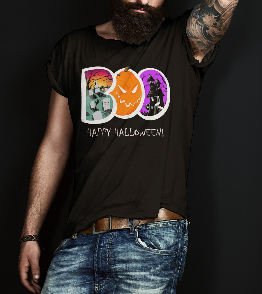 Happy Halloween Boo Trick Or Treat Pumpkin Graveyard Haunted House T-Shirt