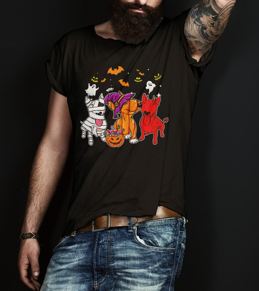 Adorable Bull Terrier Trio In Halloween Costumes With Spooky Ghosts And Bats T-Shirt