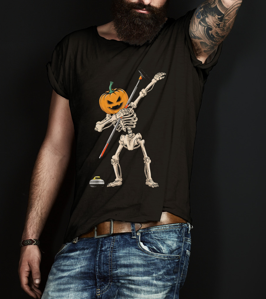 Pumpkin Skeleton Dabbing Curling Halloween T-Shirt