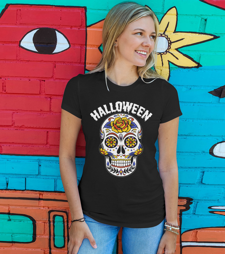 Halloween Calaveras Skull With Floral T-Shirt