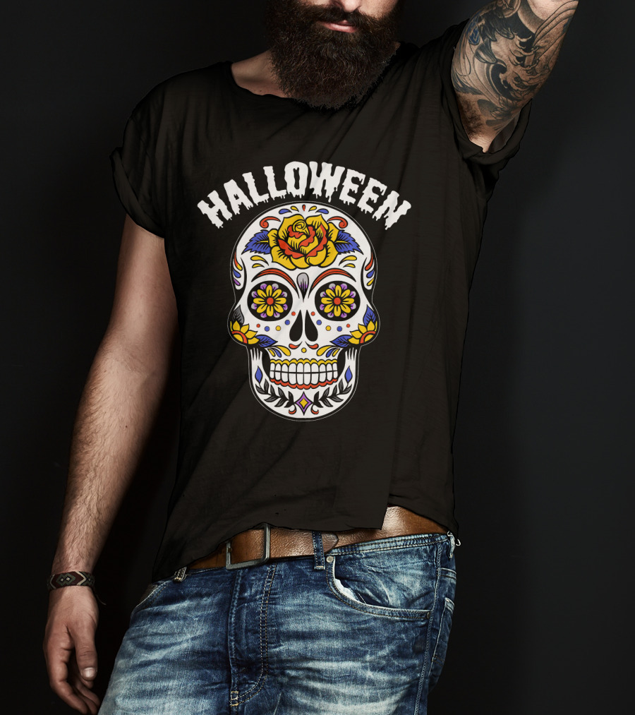 Halloween Calaveras Skull With Floral T-Shirt