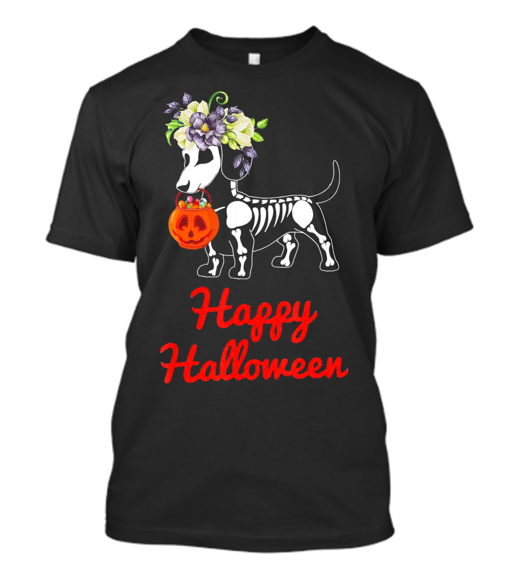 Happy Halloween Skeleton Dachshund With Pumpkin And Floral Crown T-Shirt