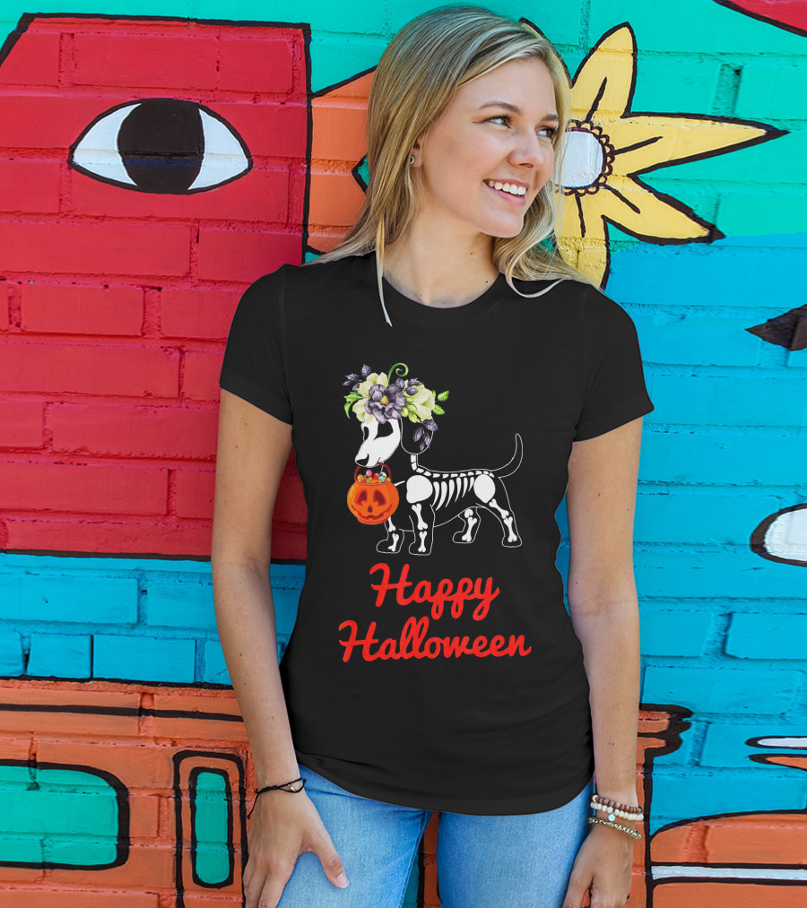 Happy Halloween Skeleton Dachshund With Pumpkin And Floral Crown T-Shirt