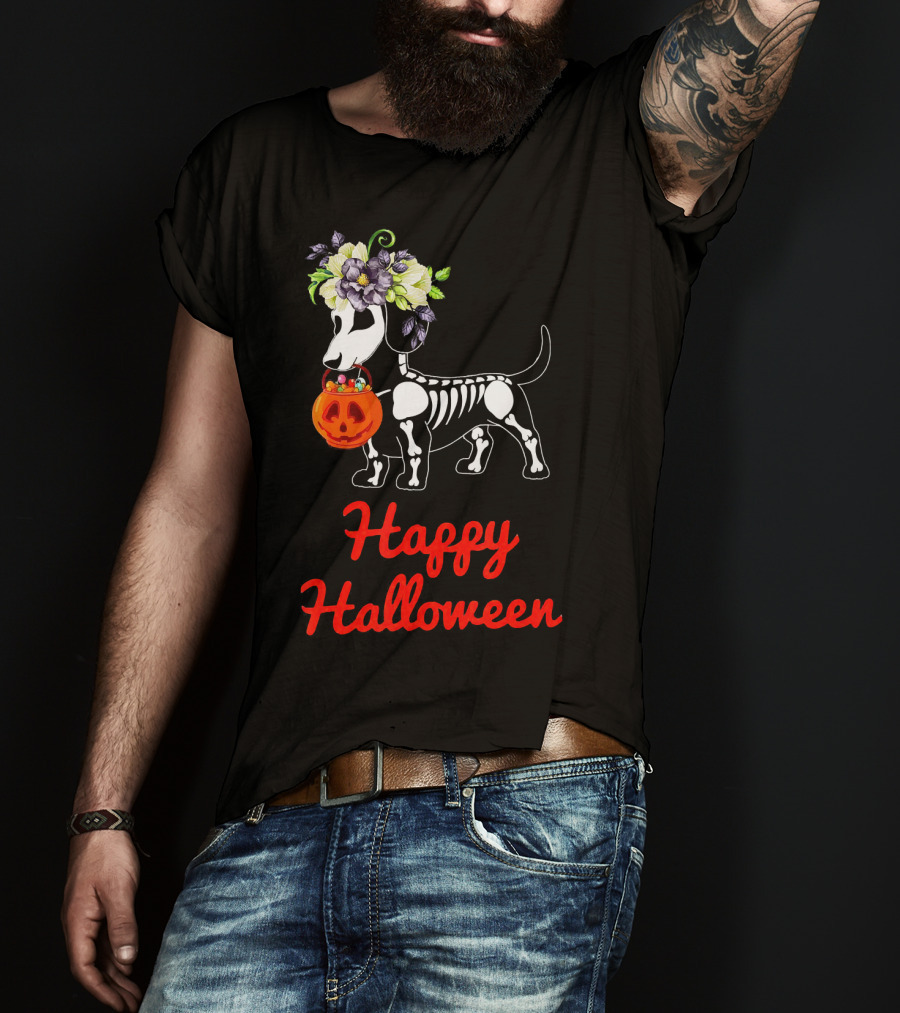Happy Halloween Skeleton Dachshund With Pumpkin And Floral Crown T-Shirt
