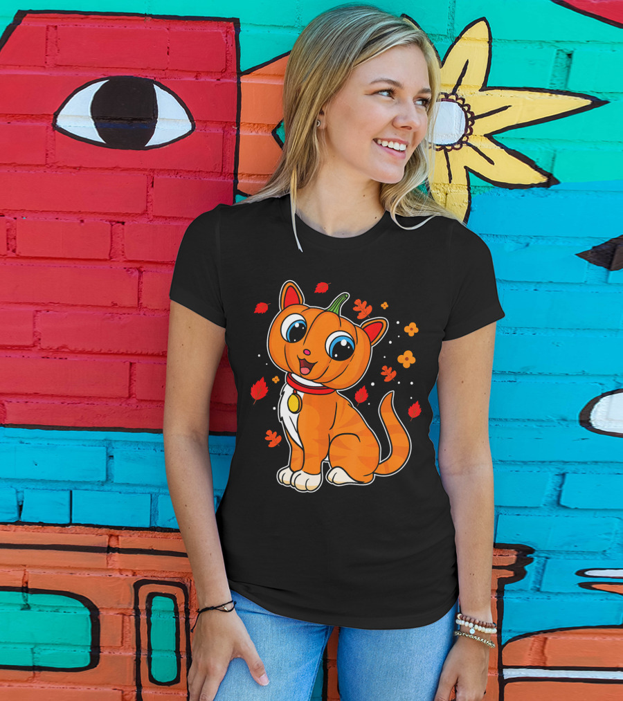 Halloween Pumpkin Cat With Autumn Leaves And Flowers T-Shirt