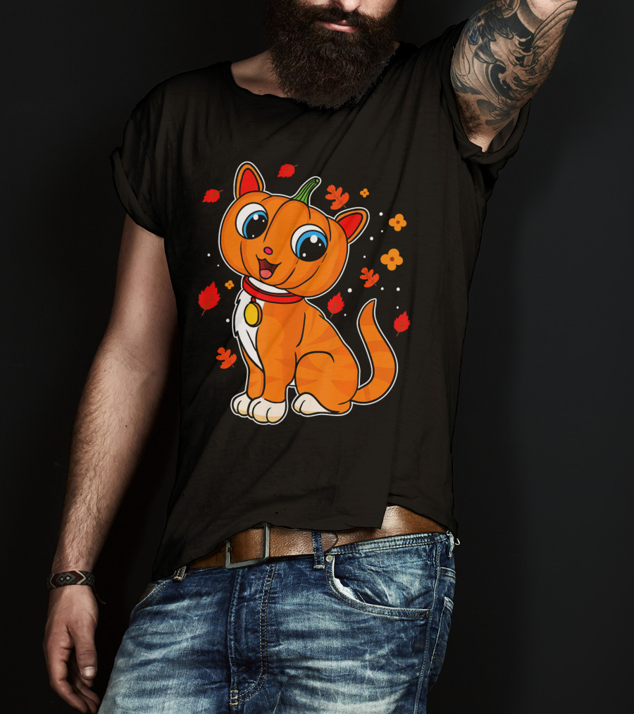 Halloween Pumpkin Cat With Autumn Leaves And Flowers T-Shirt
