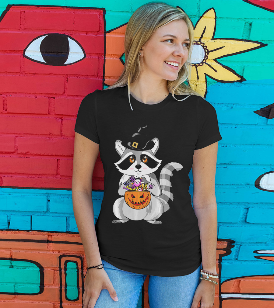 Halloween Raccoon Witch Hat Pumpkin Candy T-Shirt