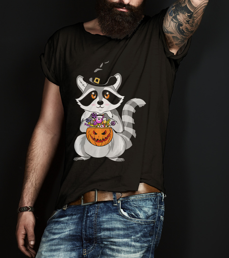 Halloween Raccoon Witch Hat Pumpkin Candy T-Shirt