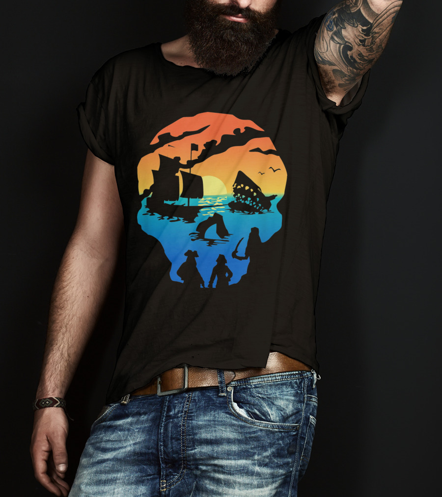 Mens Skeleton Skull Pirate Ship Sunset T-Shirt