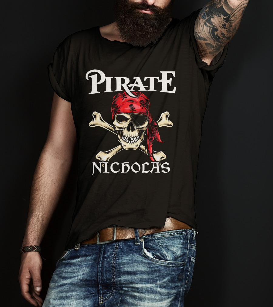 PIRATE NICHOLAS Skull And Crossbones Red Bandana T-Shirt