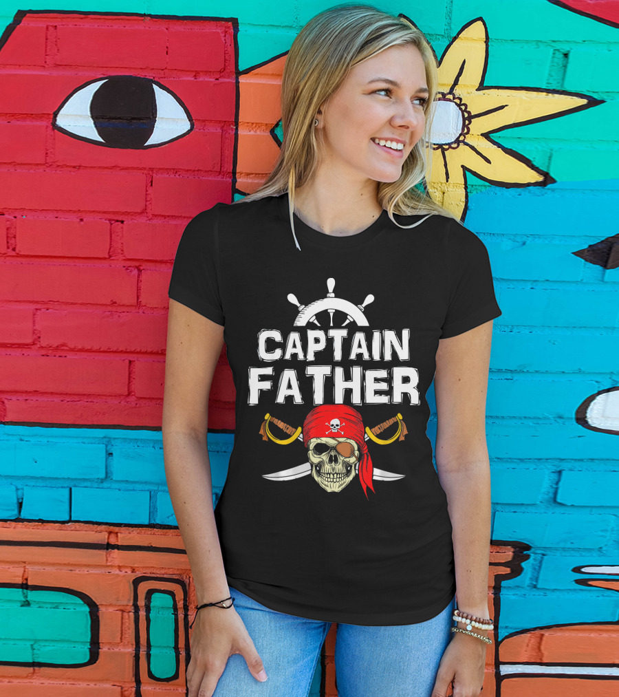 Captain Father Pirate Skull With Swords And Ship Wheel T-Shirt