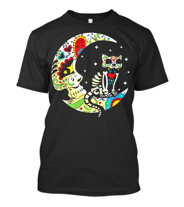 Dia De Los Muertos Halloween Sugar Skull Cat On Crescent Moon T-Shirt