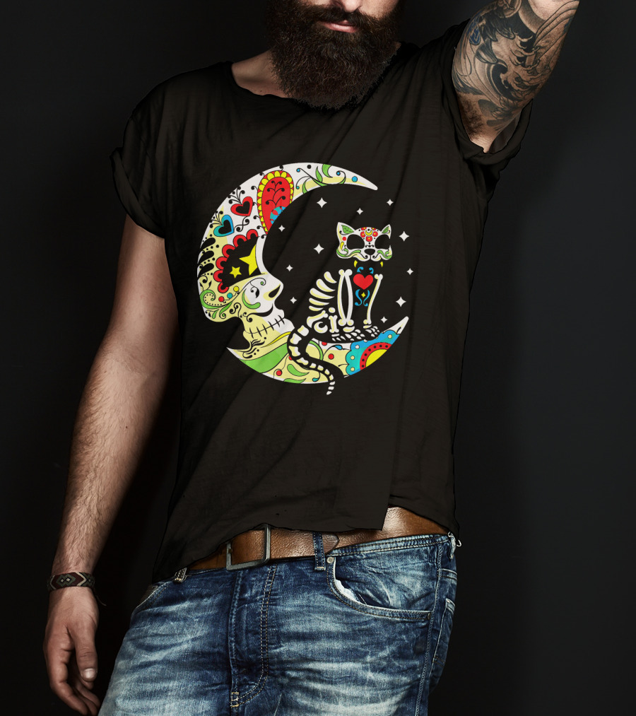 Dia De Los Muertos Halloween Sugar Skull Cat On Crescent Moon T-Shirt