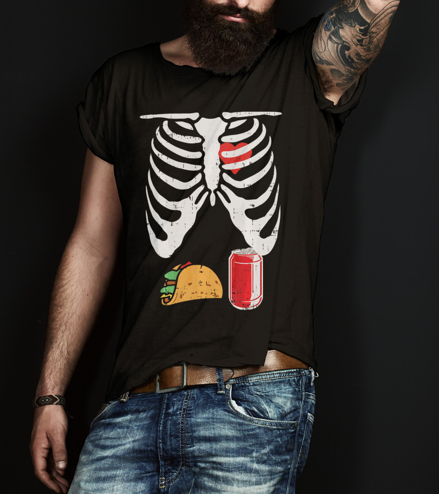 Skeleton Ribcage Heart Taco Beer Can Xray T-Shirt