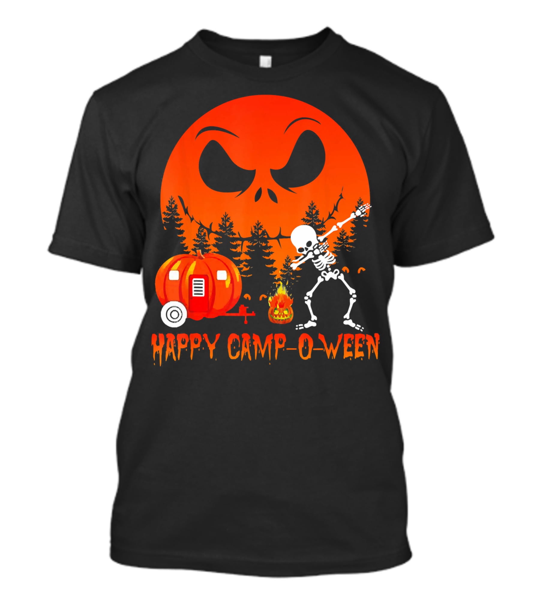 Happy Camp-O-Ween Skeleton Dab Pumpkin Camper Spooky Forest Scene T-Shirt