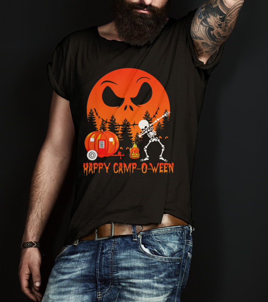 Happy Camp-O-Ween Skeleton Dab Pumpkin Camper Spooky Forest Scene T-Shirt